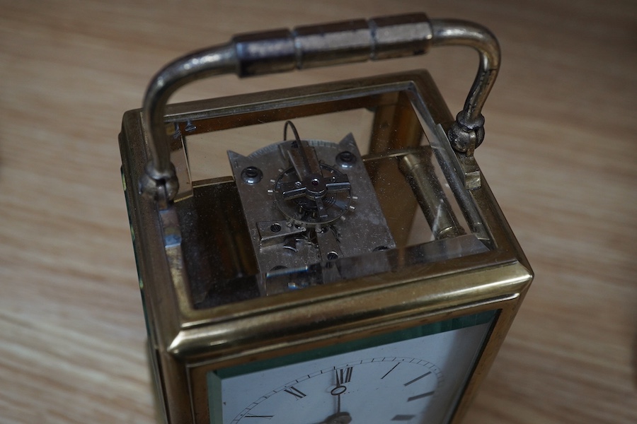 A 19th century French gorge cased carriage clock with original early lever escapement, c.1880, and enamel dial, with key, 16cm high. Condition - dial poor, untested